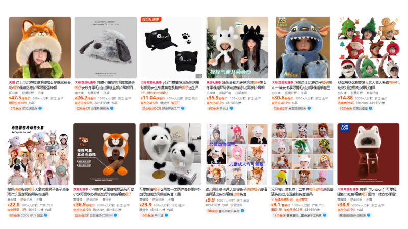 Order mũ hình thú Taobao